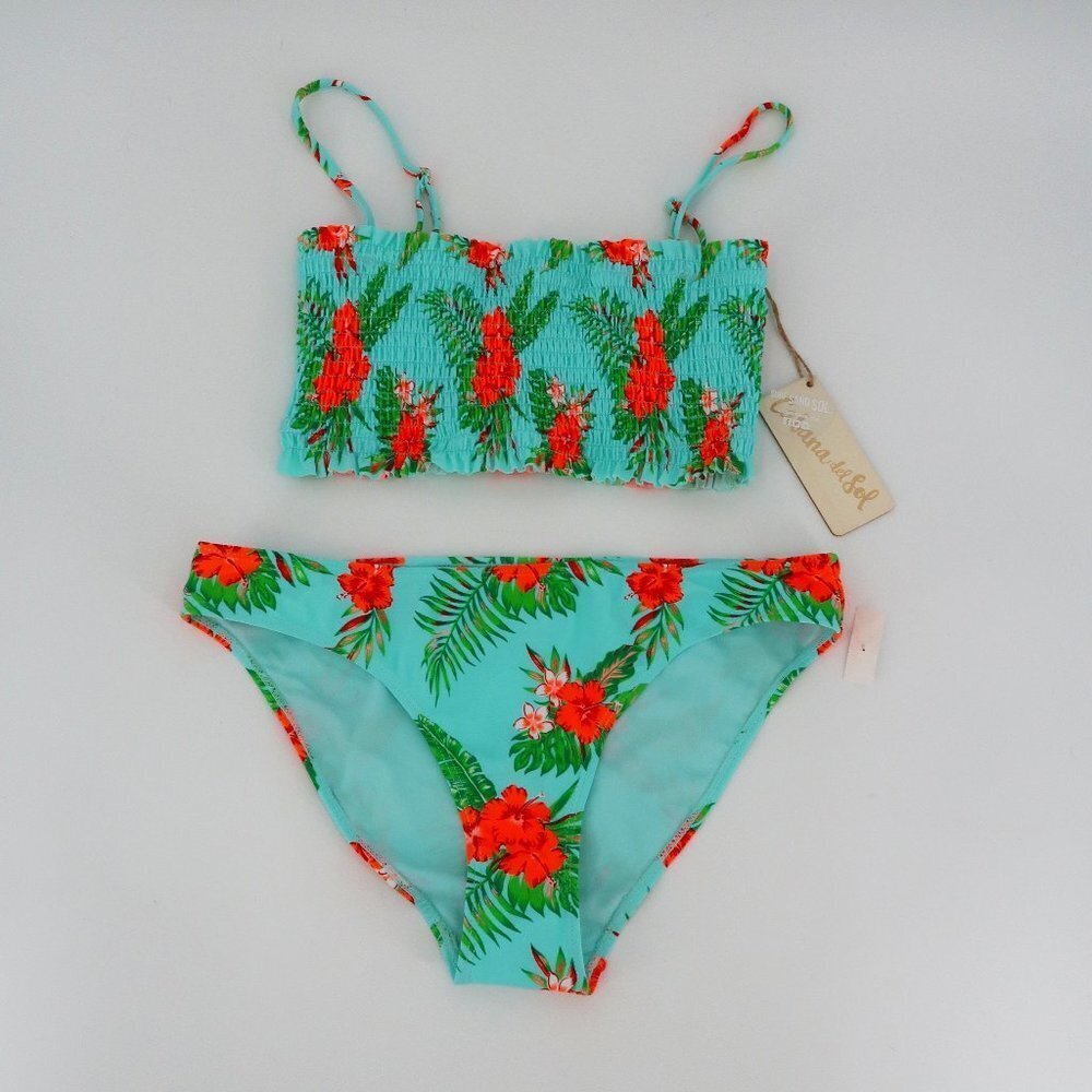 Cabana del Sol Teal Bikini w Tropical Flower Detail Size Large New with Tags